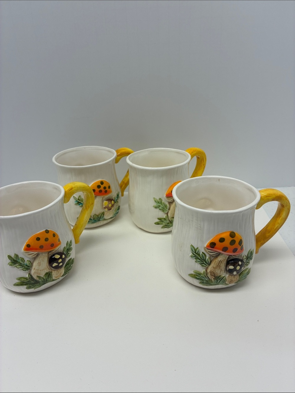 Vintage Merry Mushroom Ceramic Mug Set Yellow Handle Hand Painted Set of 4 - Picture 5 of 10